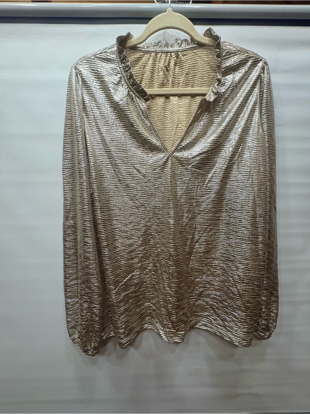 LOFT Metallic Gold Long-Sleeve Ruffle Neck Blouse